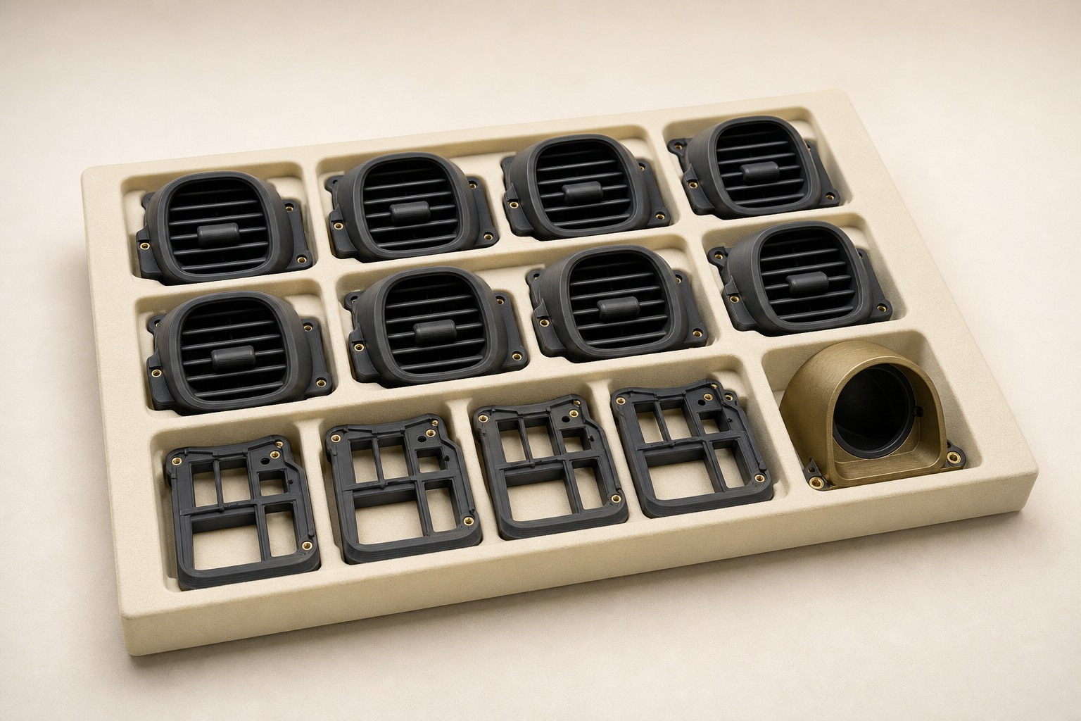 A production batch of graphite FDM printed automotive air vent bezels and console trim in an inspection tray